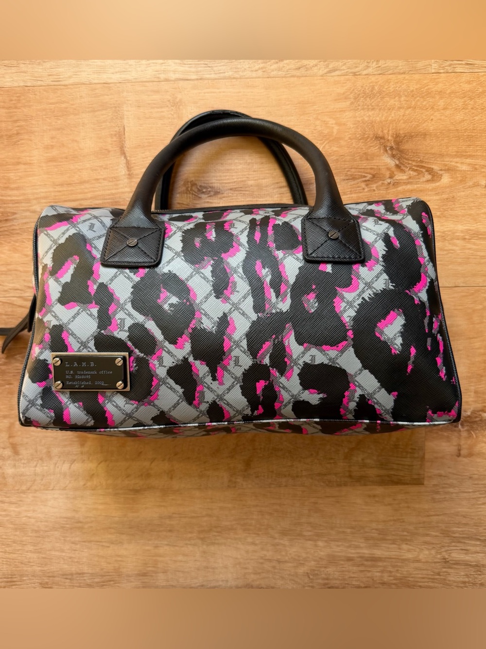 L.A.M.B. by Gwen Stefani Black, Hot Pink & Gray Leopard Print Satchel Handbag
